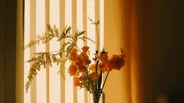 Flower bouquet with orange blossoms and green ferns in a glass vase, capturing warm sunlight filtering through window blinds creating striped shadows indoors