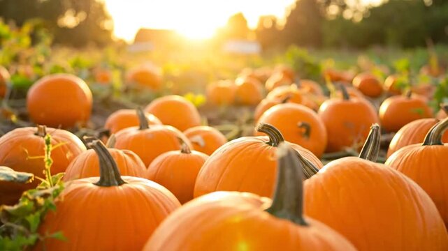 A field filled with ripe, orange, pumpkins, basking in the glow of the sunset during the autumn season