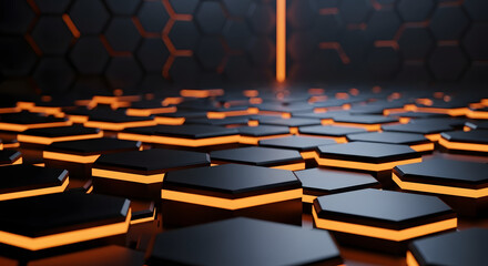 Obraz premium Stunning 3D render of a dark technological background featuring interconnected hexagonal tiles illuminated by vibrant neon orange light. Perfect for gaming, sci-fi design, data security concepts