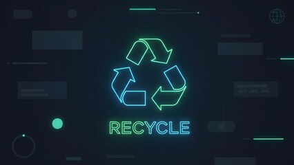 Fototapeta premium Digital neon glow recycle symbol with futuristic UI elements symbolizing environmental