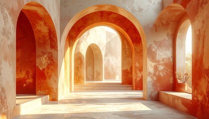 Fototapeta premium 重なり合うオレンジのアーチと光の回廊