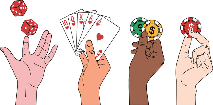 Diverse hands holding gambling items including dice playing cards and casino chips