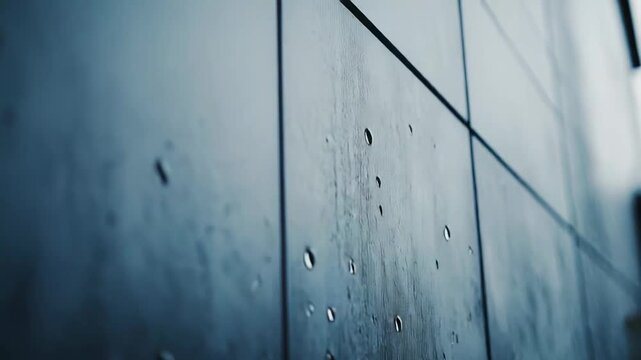 Water droplets cling to a dark tiled surface with visible grout lines, reflecting ambient light and creating a textured pattern, emphasizing concepts of freshness, cleanliness, and liquid flow