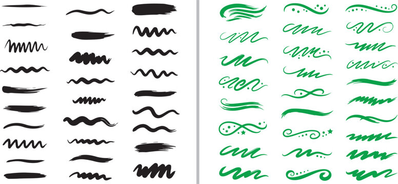 A versatile set of hand-drawn vector brush strokes and swirls in black and green. Includes various textures like thick ink smears, elegant flourishes, jagged zigzags, and smooth wavy lines.