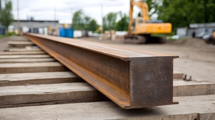 A long rusty I beam steel girder is placed on wooden supports at an outdoor construction site with heavy hinery visible in the background