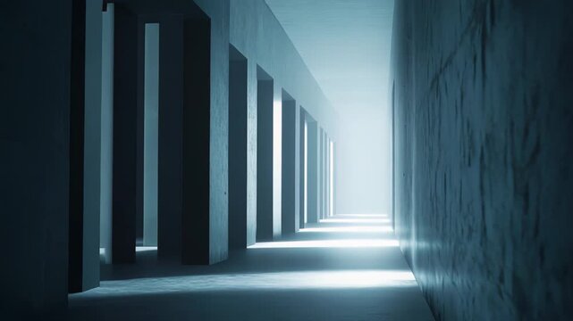 Empty minimalist corridor with stark concrete walls and parallel columns leading to a bright vanishing point, evoking journey, isolation, hope, and a new beginning