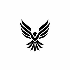 Obraz premium Stylized black silhouette of a majestic eagle or hawk with wings spread, soaring gracefully, a powerful bird graphic emblem.