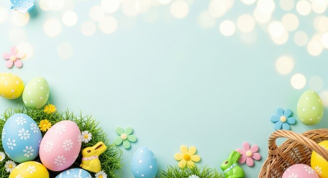 Easter eggs and flowers on a green background with a basket.