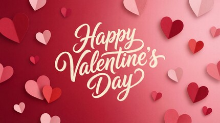 Happy Valentine's Day greeting card with floating hearts and a soft red gradient background.