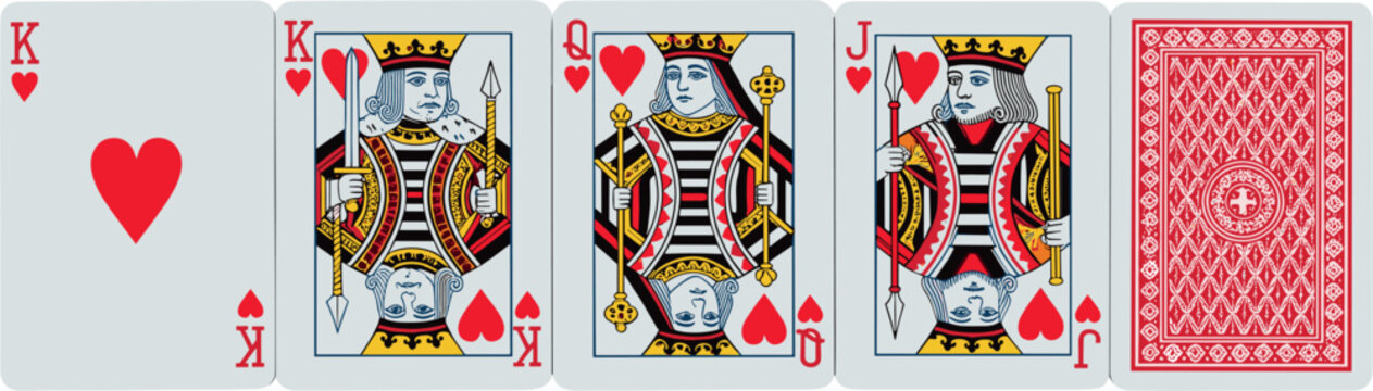 Heart suit playing cards row featuring King Queen Jack and back design