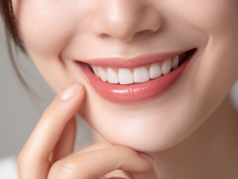 白く整った歯と自然な笑顔が印象的な女性の口元をクローズアップした美容イメージ