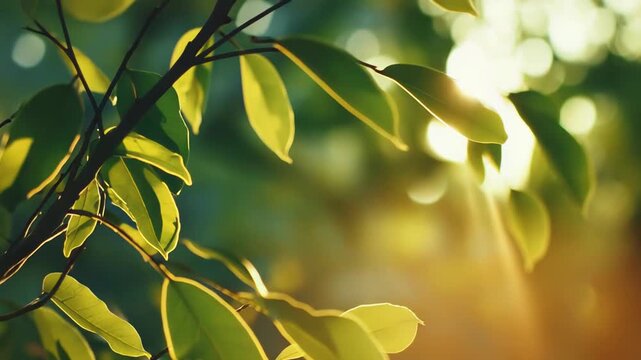 Green leaves catching bright golden sunlight through branches, creating a warm glow and natural bokeh background, representing concepts of environment, growth, and natural beauty