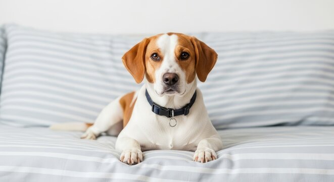 A brown and white beagle dog lying on a striped bedspread with blue and white pillows.