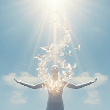 Human figure releasing birds symbolizing emotional freedom and relief, Ai Generate.