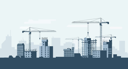 Obraz premium Construction Site Silhouette Cranes and Buildings in Progress.