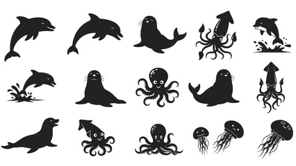 Obraz premium Set of black and white marine animals dolphin seal octopus and squid jumping swimming cute poses vector illustration design elements