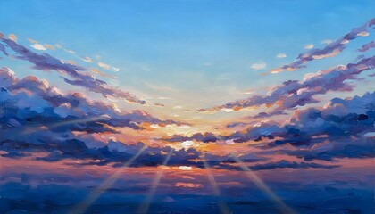 Vibrant sunset rays shine through serene clouds in a tranquil evening sky scene