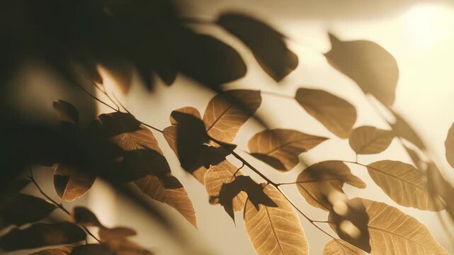 Deciduous tree branch with golden leaves catching the warm backlighting of sun rays, creating a tranquil natural pattern and soft bokeh effect in the peaceful environment