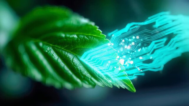 Green leaf merging with glowing circuit lines, eco technology and sustainable innovation concept background
