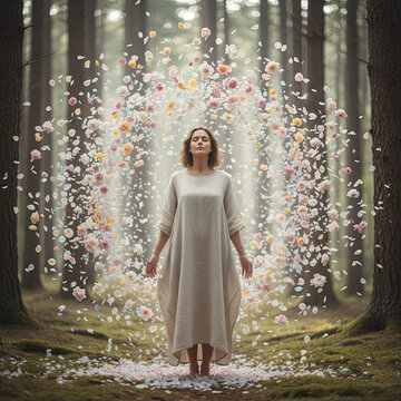 Human figure surrounded by floating petals symbolizing calm and peace, Ai Generate.