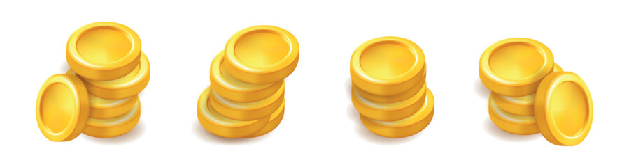 Stacks of shiny gold coins isolated on white background for St. Patricks Day or treasure themes