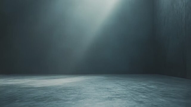 Dark room featuring textured concrete walls and floor, creating an empty scene with soft light beams entering from above, emphasizing space, minimalism, and a calm, quiet atmosphere