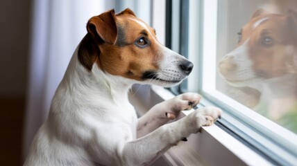 Curious Pup Gazing Out the Window: A cute Jack Russell Terrier dog is peering with focused eyes out of a window. His paws rest on the frame while his reflection is visible.