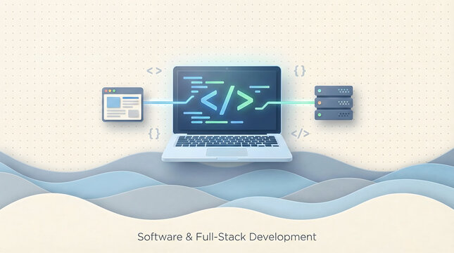Software and Full Stack Development Concept with Laptop Code Analytics Dashboard and Cloud Network Technology