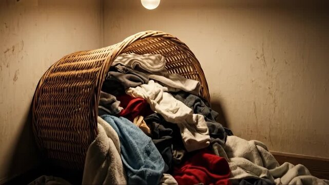 Overflowing laundry basket tumbles under dim light in cozy room