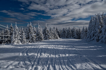 Winter bellow Lysa hora hill summit in Moravskoslezske Beskydy mountains in Czech republic