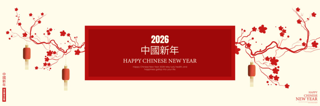 2026 Happy Chinese New Year Red Banner with Lanterns and Plum Blossoms Chinese New Year 2026 Festive Red Background, vector illustration.