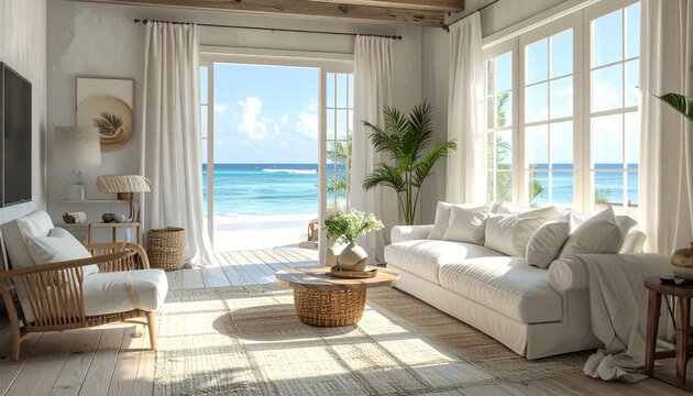 Serene beach house living room with ocean view and natural light
