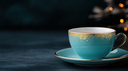 An elegant turquoise teacup with stunning gold accents, resting on a matching saucer, perfect for adding a touch of luxury to any table setting or coffee break. An ideal choice for food photography.