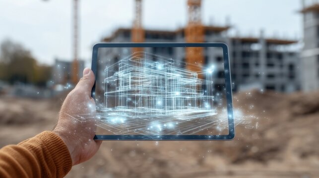 Digital Tablet Displaying Architectural Renderings on Construction Site with Framework and Motion Effects