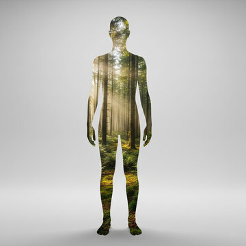 Human silhouette filled with forest scenery symbolizing nature connection, Ai Generate.