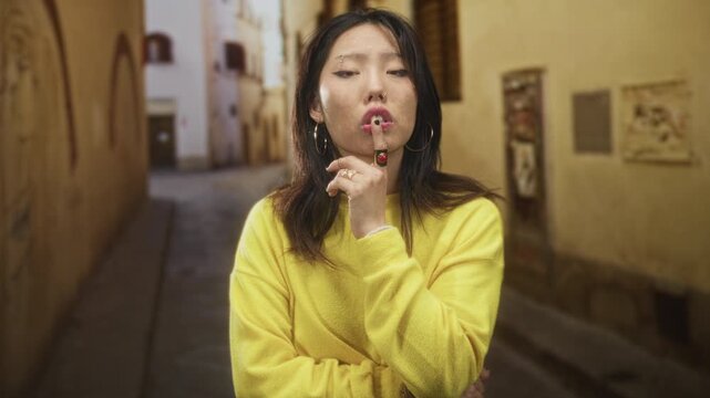Woman pressing finger to lips in a narrow street, shushing while wearing yellow sweater and hoop earrings; secret playfulness.