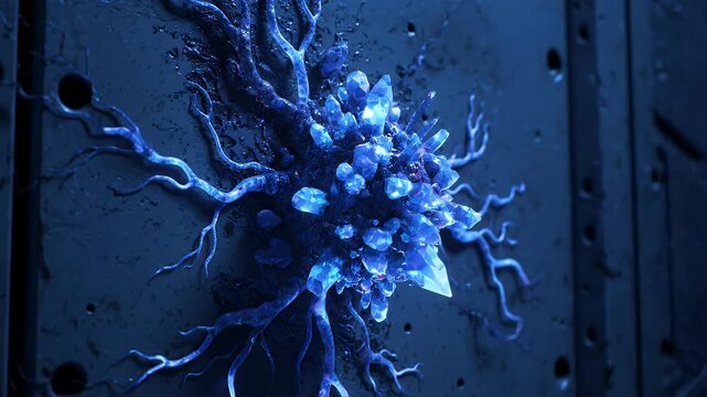 Ethereal glowing blue crystals with root-like tendrils burst from a dark metallic panel, creating an otherworldly, mysterious display of alien power or futuristic mutation