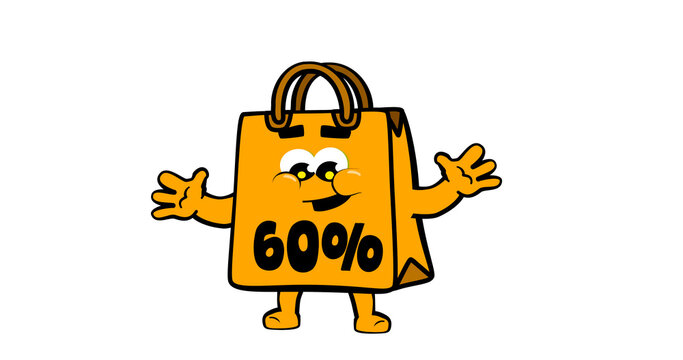 Cute happy shopping bag mascot character, for promotion, sales and e commerce. DISCOUNT FROM 60%