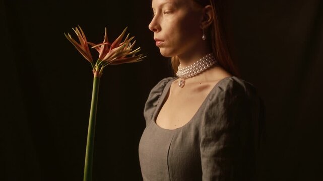 Tilt up medium shot of red haired young adult woman in vintage dress and pearl necklace holding hippeastrum sumatra flower smelling fragrance of blooming in studio against black background