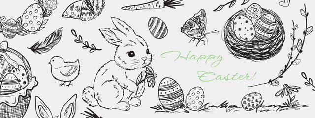 Hand drawn Easter background with bunny, chick, eggs, butterflies, feathers, and floral accents. Greeting poster. Vector sketch illustration in vintage crayon charcoal style © Nataliya Pokrovska