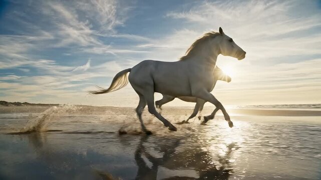 Two white horses running on beach