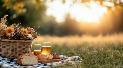 A serene picnic scene featuring refreshing drinks and delightful snacks arranged beautifully, perfect for enjoying nature and embracing moments of relaxation with friends or family.