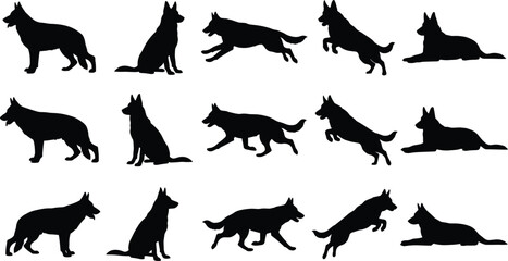 German Shepherd dog silhouette collection showing running, jumping, sitting, and lying poses, isolated black canine figures for pet, training, and vector design projects