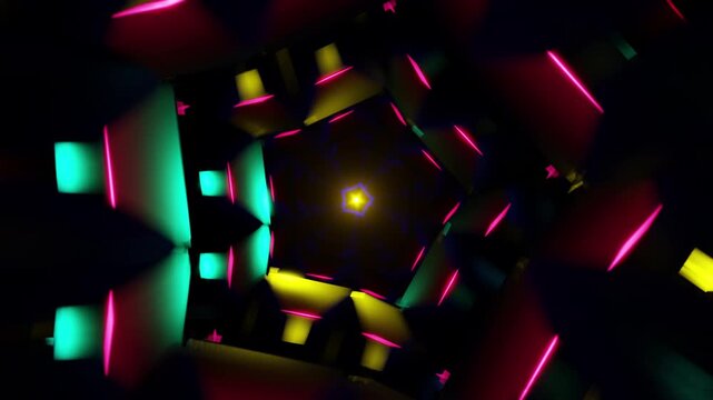 loop seamless VJ motion background with kaleidoscopic neon tunnel and pulsing spin