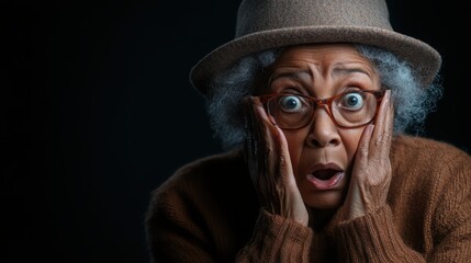 Fototapeta premium This striking image captures an older woman with a surprised expression, hands on her face, conveying strong emotions in response to unexpected news in a dramatic lighting setting.