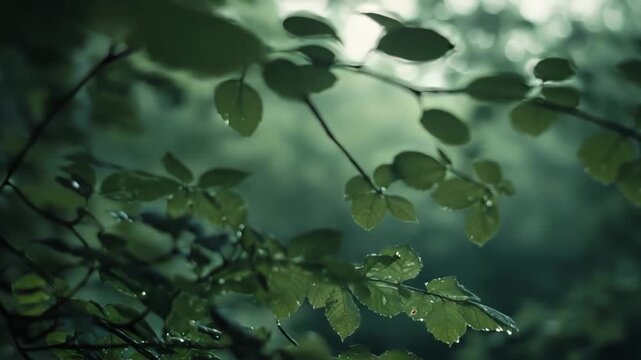 Lush green leaves on tree branches are dripping with fresh raindrops, creating a serene and natural background image with soft, diffused sunlight illuminating the misty forest atmosphere