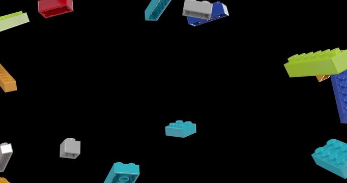 Toy plastic building bricks falling and rotating in slow motion footage with alpha channel (ProRes, 4K only). 3D FX animation.
