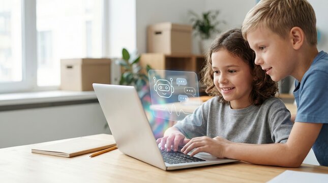 Children using laptop with chatbot interface learning artificial intelligence