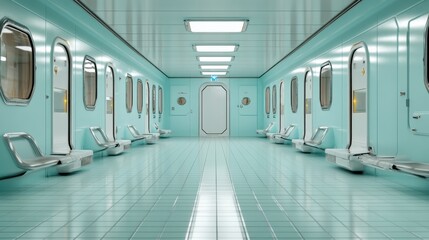Fototapeta premium A clean, turquoise hallway lined with futuristic doors and transparent windows creating a sleek look, ideal for a sci-fi visual narrative or modern architecture concept.