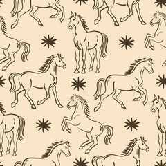 Cotton fabric Vintage block print style seamless pattern featuring hand drawn galloping horses and stars in earthy brown and cream colors for textile and wallpaper